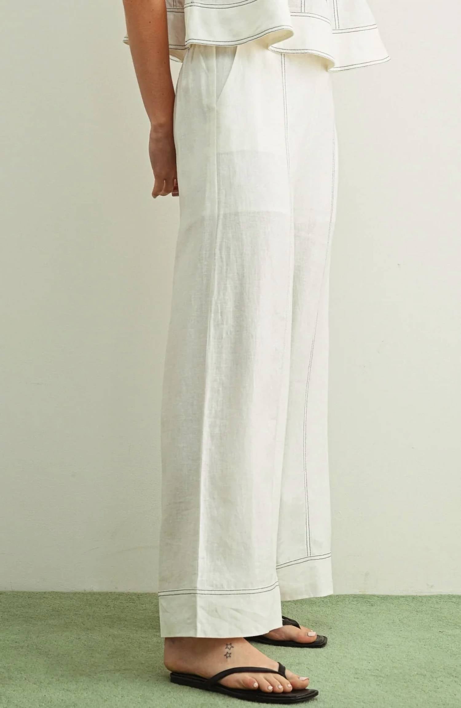 Miou Muse - STITCHED DETAIL WIDE LEG LINEN PANT