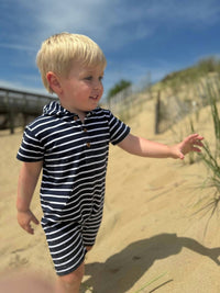 ME & HENRY Boy's Charlie Hooded Romper in navy - kids' item - alternate view