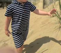 ME & HENRY Boy's Charlie Hooded Romper in navy - kids' item - detail view