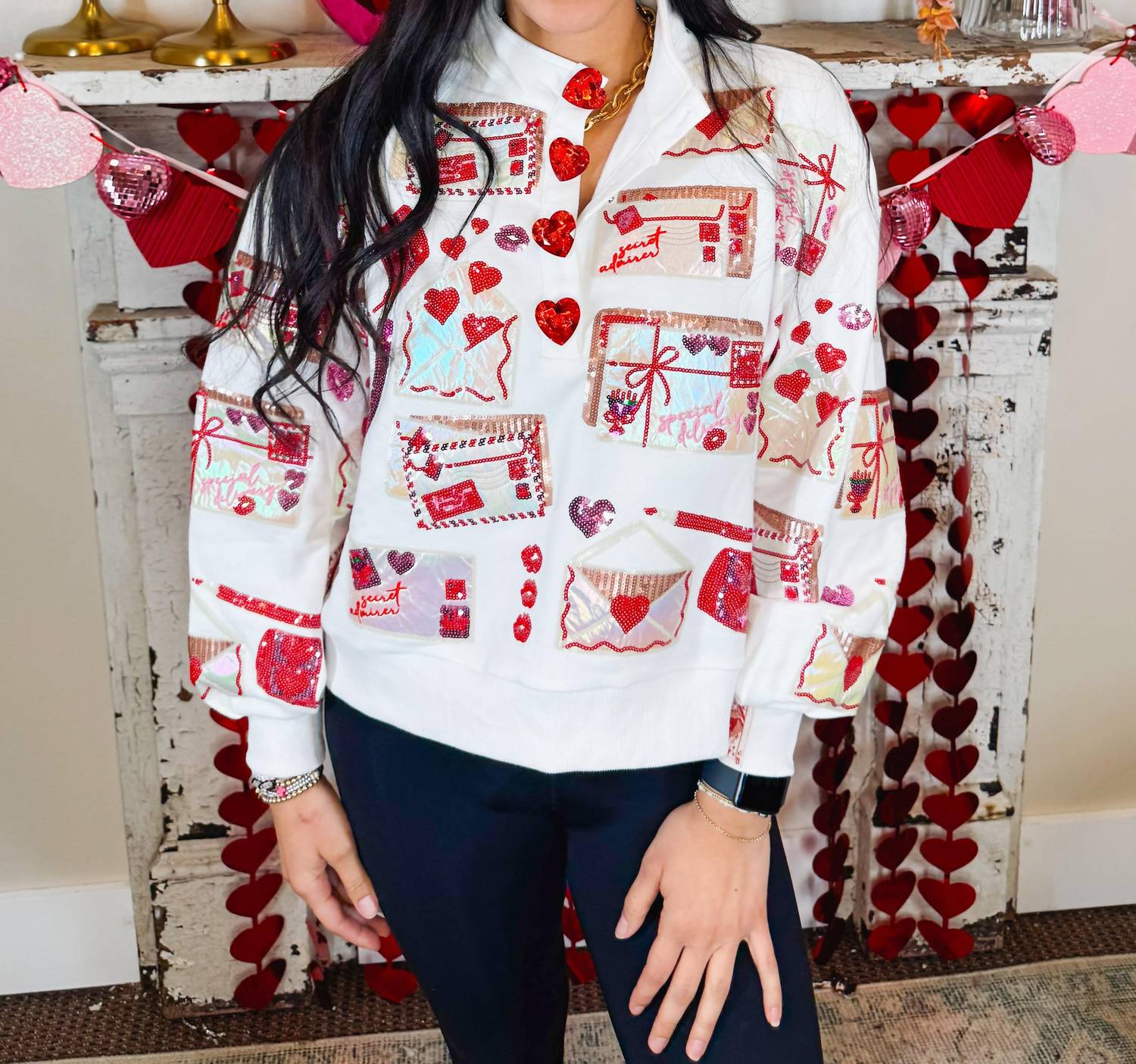 Queen Of Sparkles - Love Letters Henley Sequin Sweatshirt