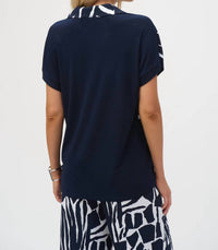 Joseph Ribkoff Silky Knit Abstact Print Boxy Top in vanilla midnight blue - women's blouse - detail view
