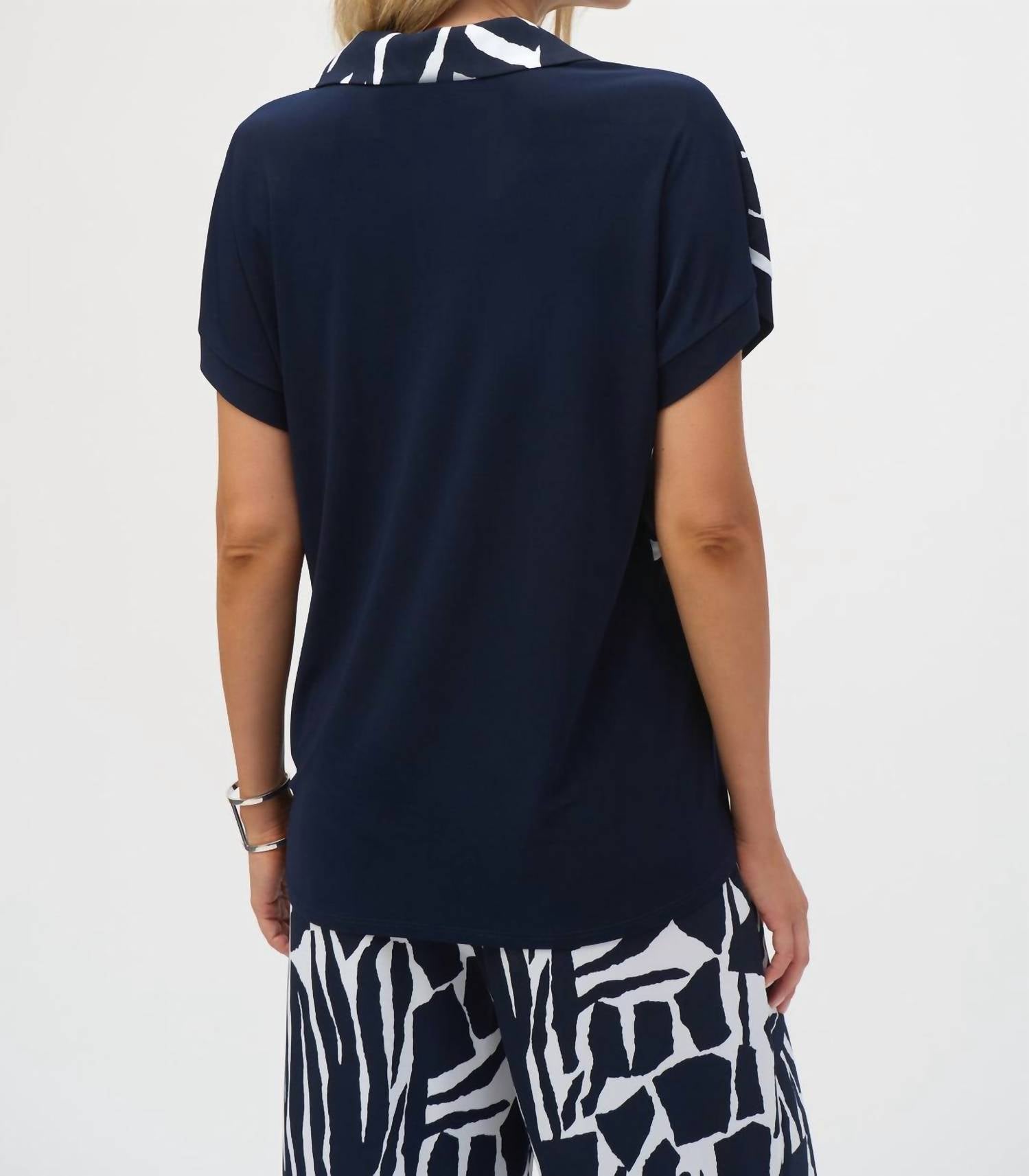 Joseph Ribkoff Silky Knit Abstact Print Boxy Top in vanilla midnight blue - women's blouse - detail view
