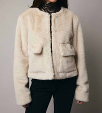 Sunday Edition Cropped Long Sleeve Fur Coat in beige - women's jacket - view 6