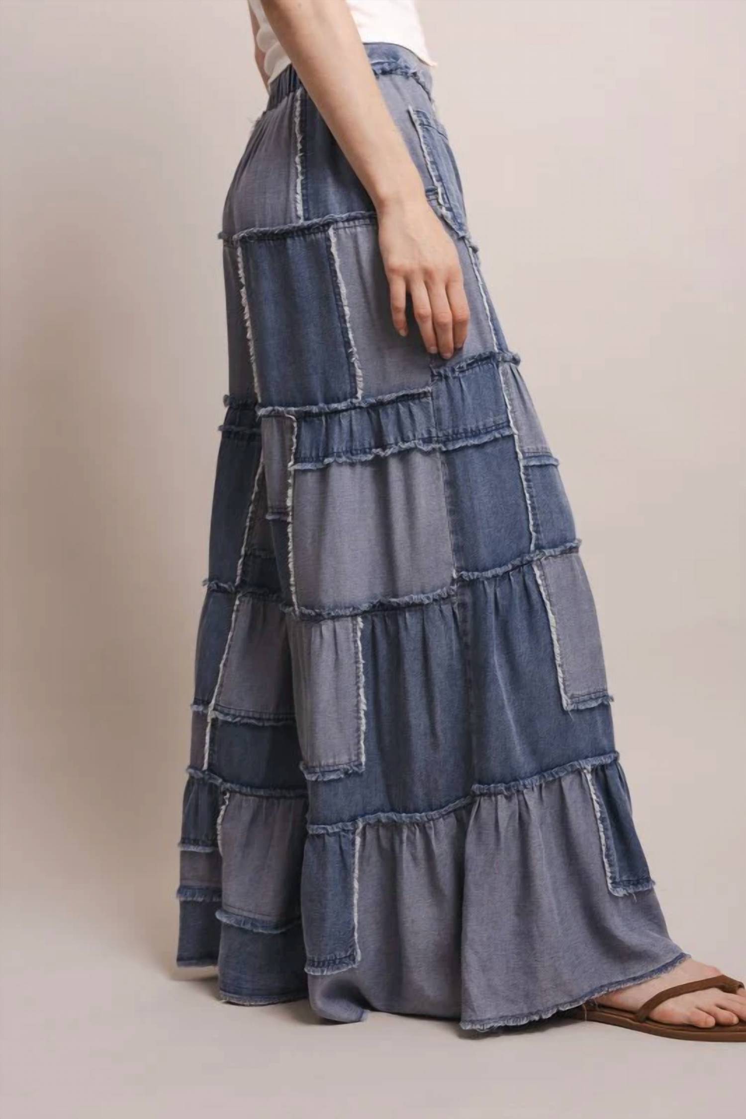 Blue Velvet - Wide Leg Patchwork Chambray Tiered Pants