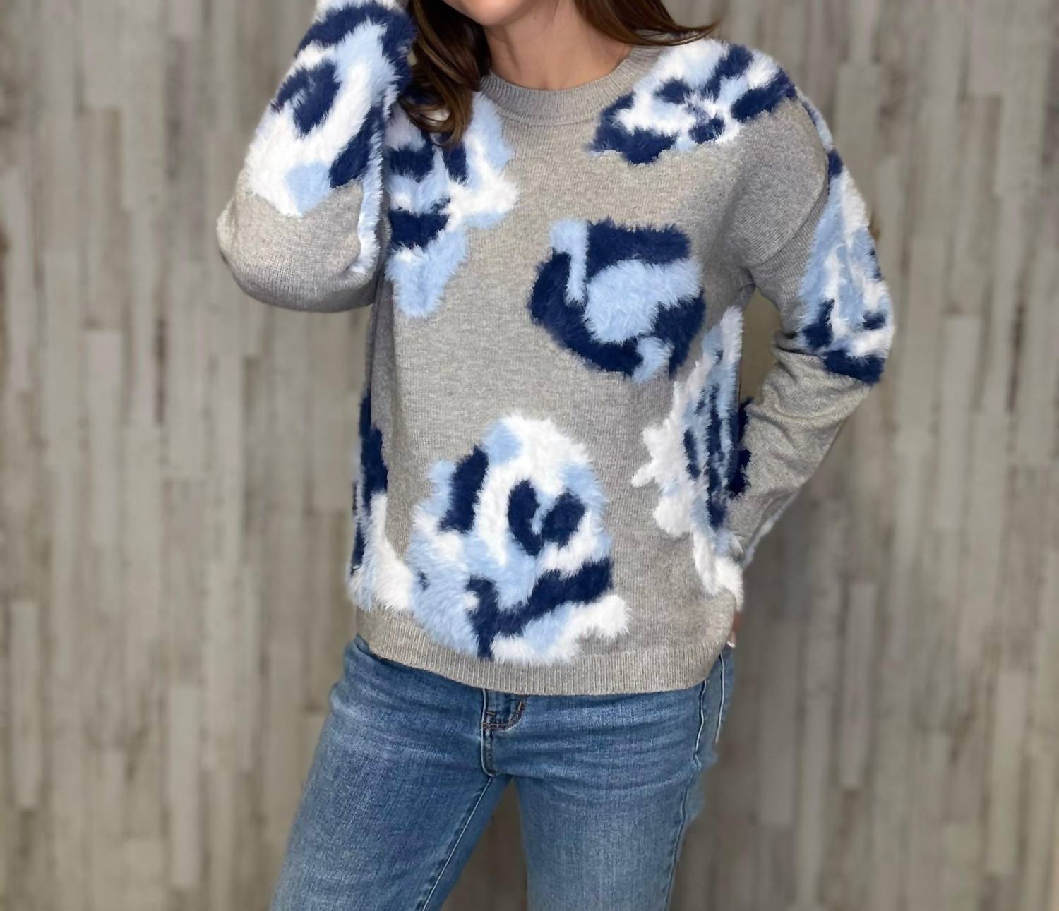 Charlie B - Hairy Yarn Floral Jacquard Crew Neck Drop Shoulder Sweater