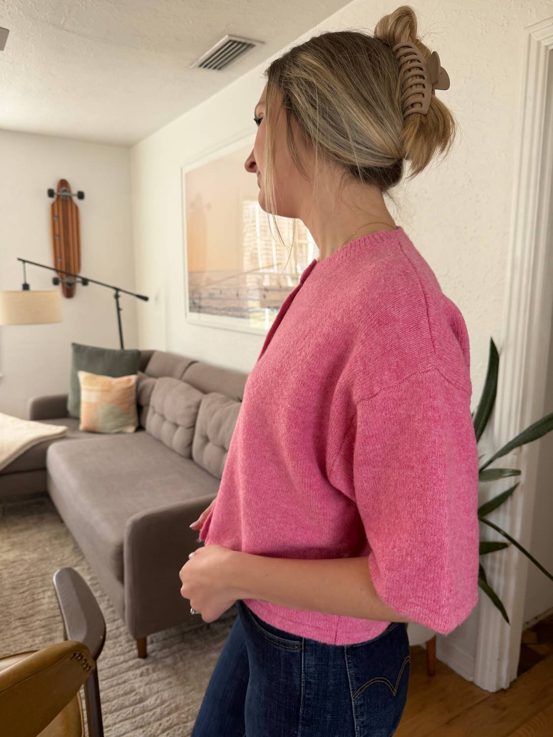 PINCH Flora Knit Short Sleeve Button Cardigan Top in pink - women's sweater - detail view