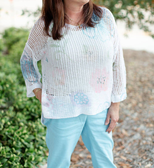 Charlie B - Women's V-Neck Watercolor Printed Fishnet Sweater