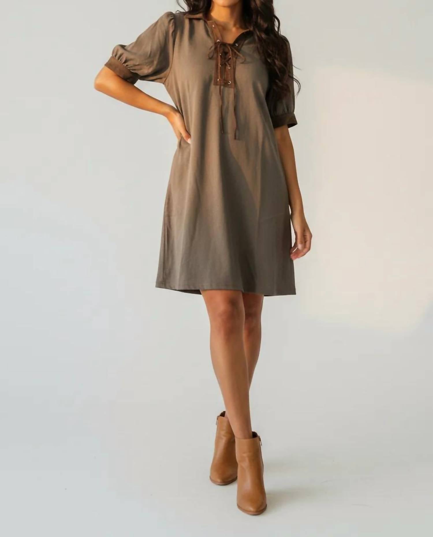 She + Sky - Women's Puff Sleeve Contrast Neck Lace Up Brushed Twill Mini Dress