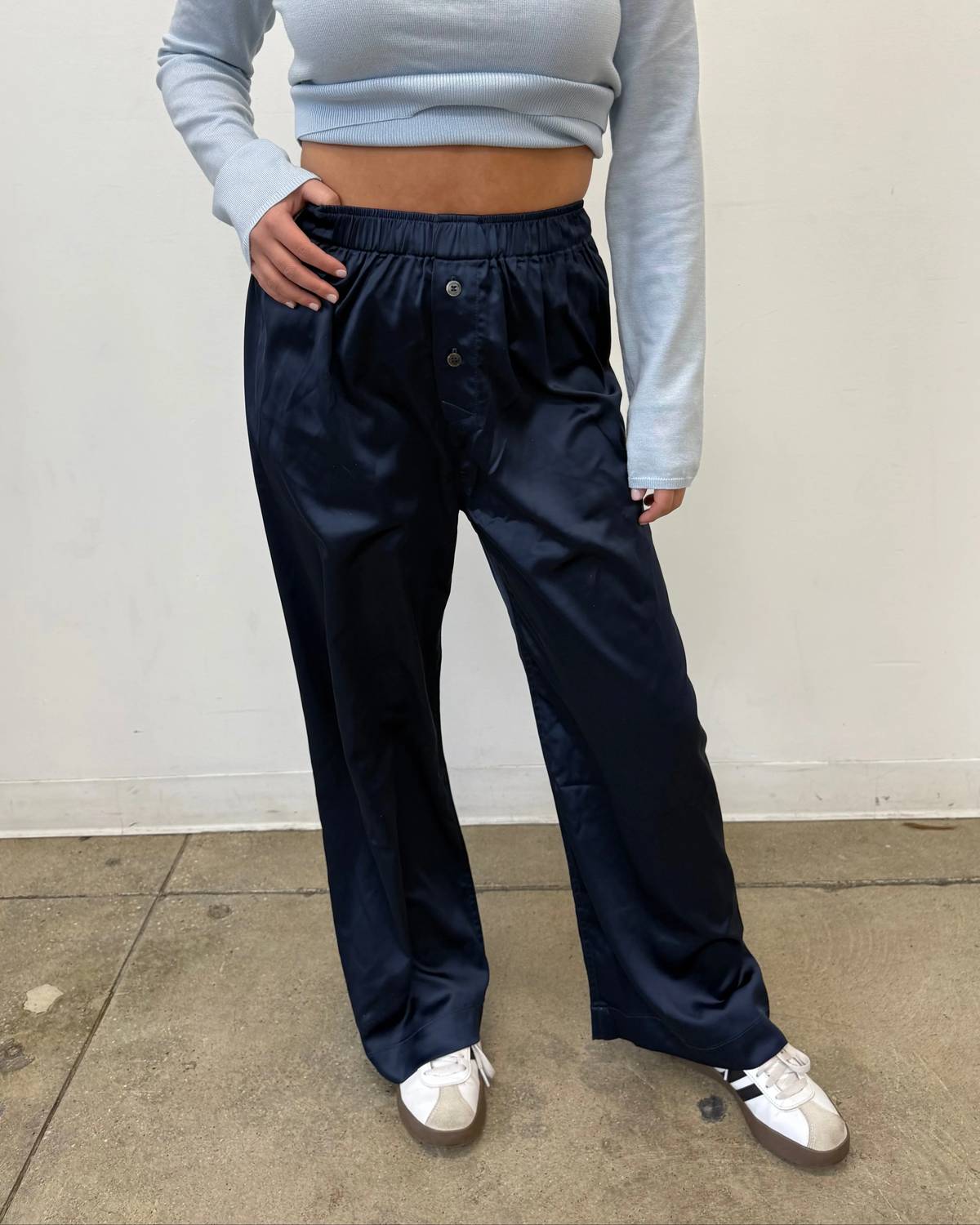 Olivaceous - Women's Wide Leg Satin Pants