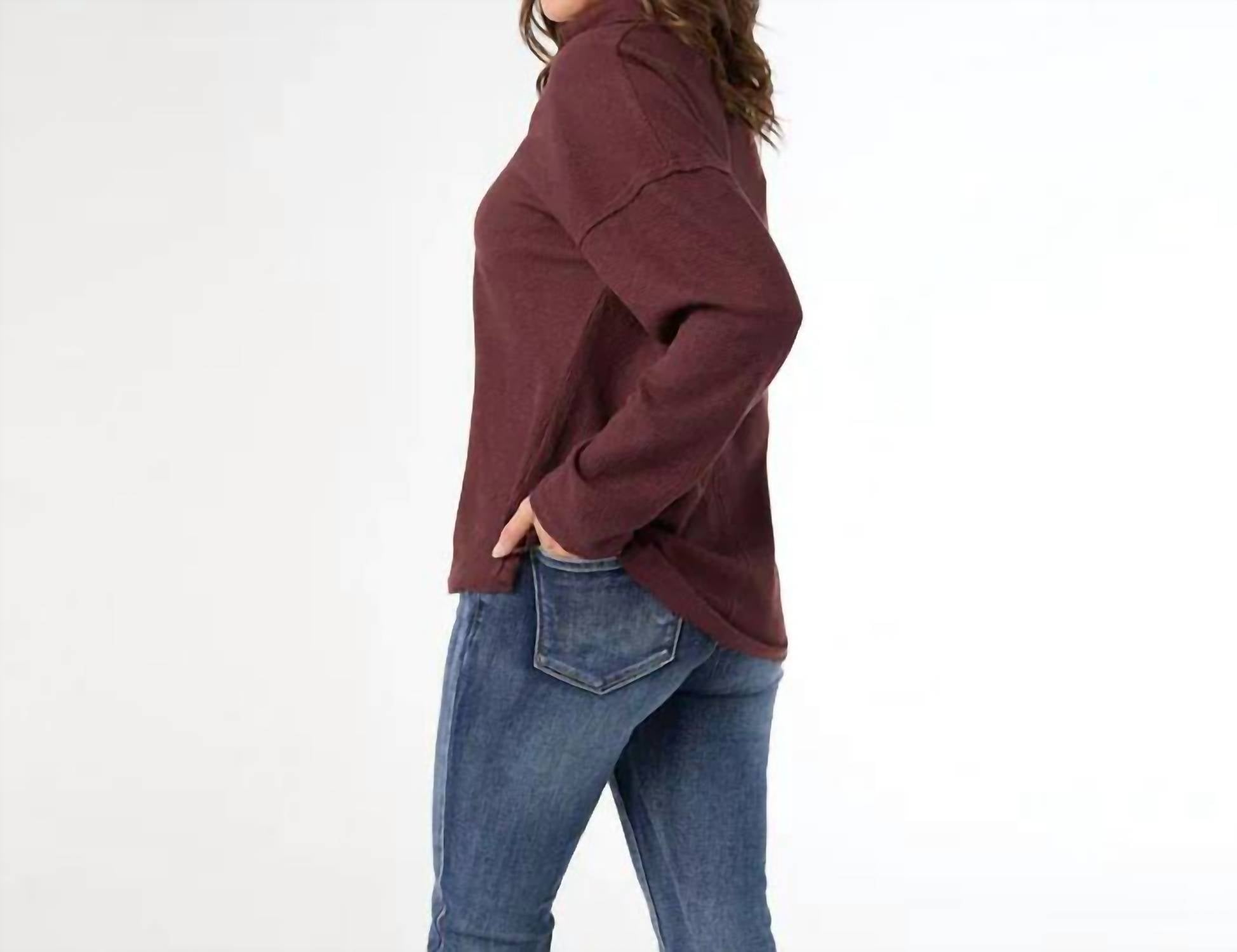 COCO + CARMEN Michela Long Sleeve V-neck Top in wine - women's top - detail view
