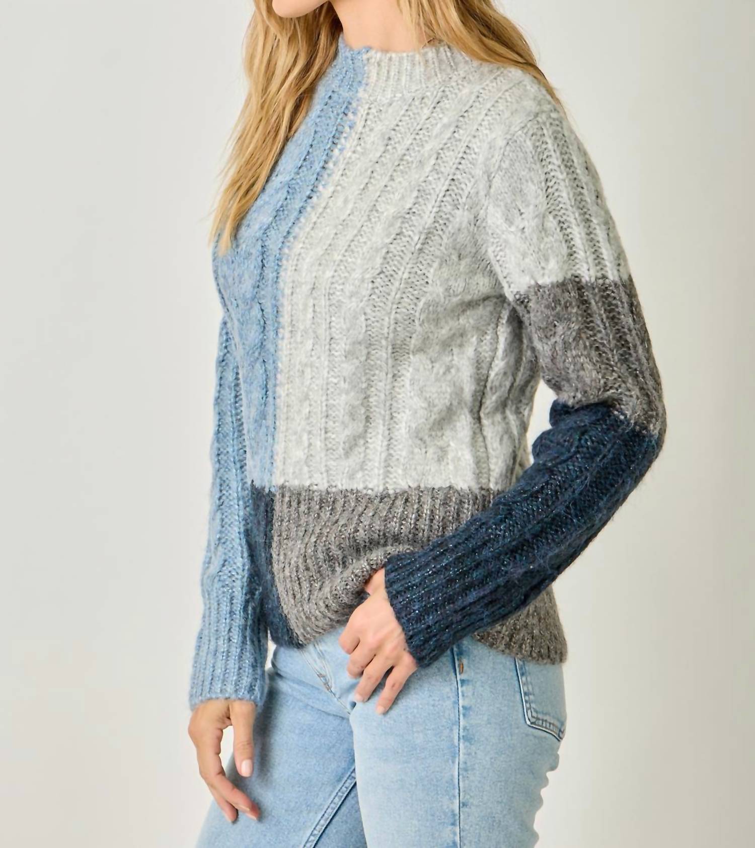 mystree Color Block Cable Knit Sweater in blue navy - women's sweater - view 5