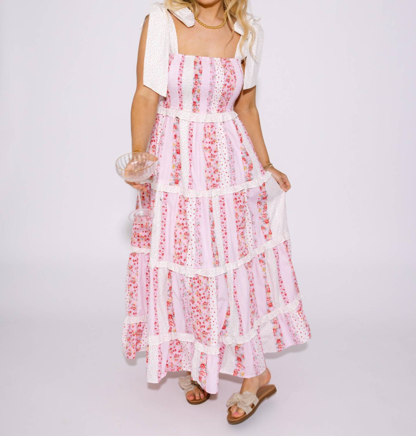 Peach Love - Sunny Strolls Floral Smocked Tiered Maxi Dress