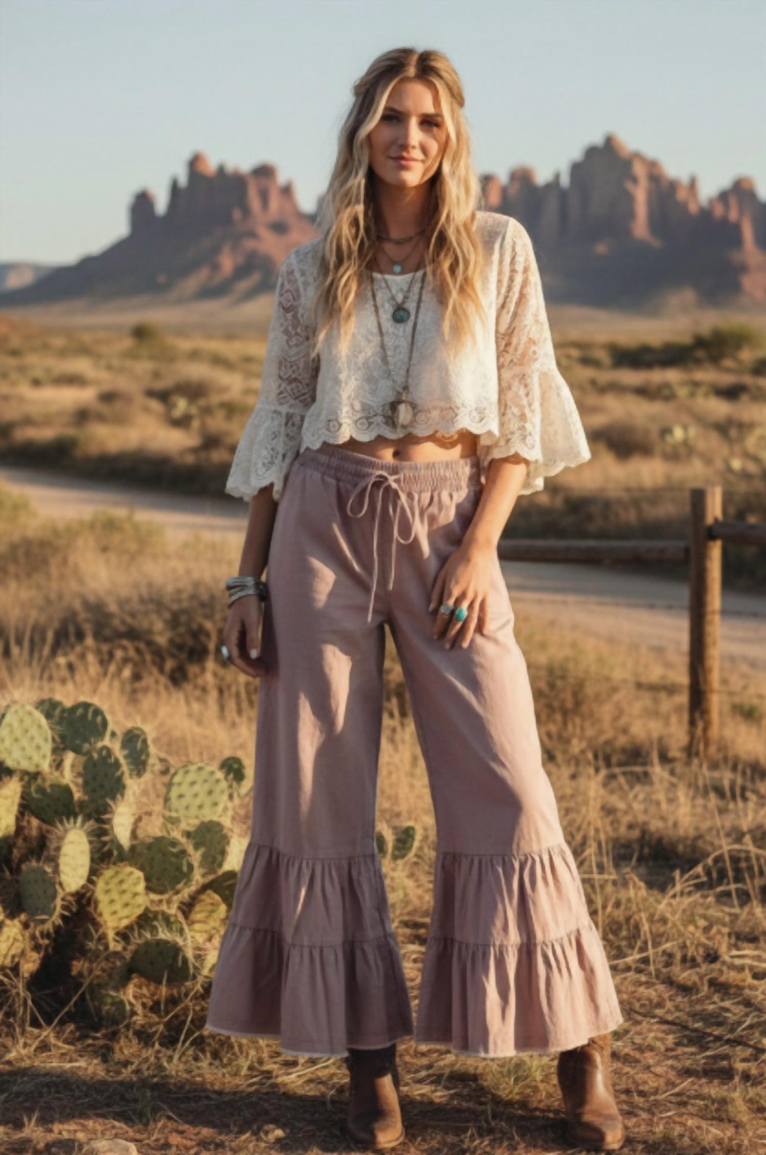 Mustard Seed - Washed Woven Tiered Ruffle Wide Leg Pants