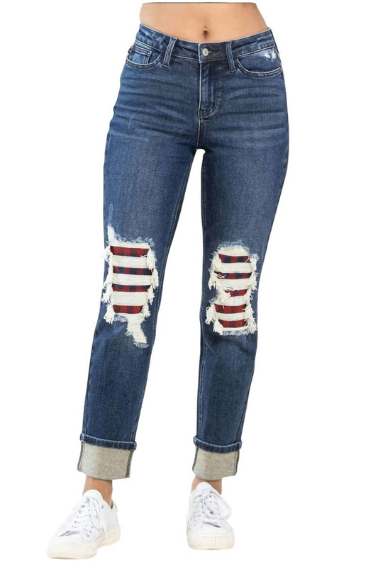 Judy Blue - Buffalo Plaid Destroyed Knee Boyfriend Jeans