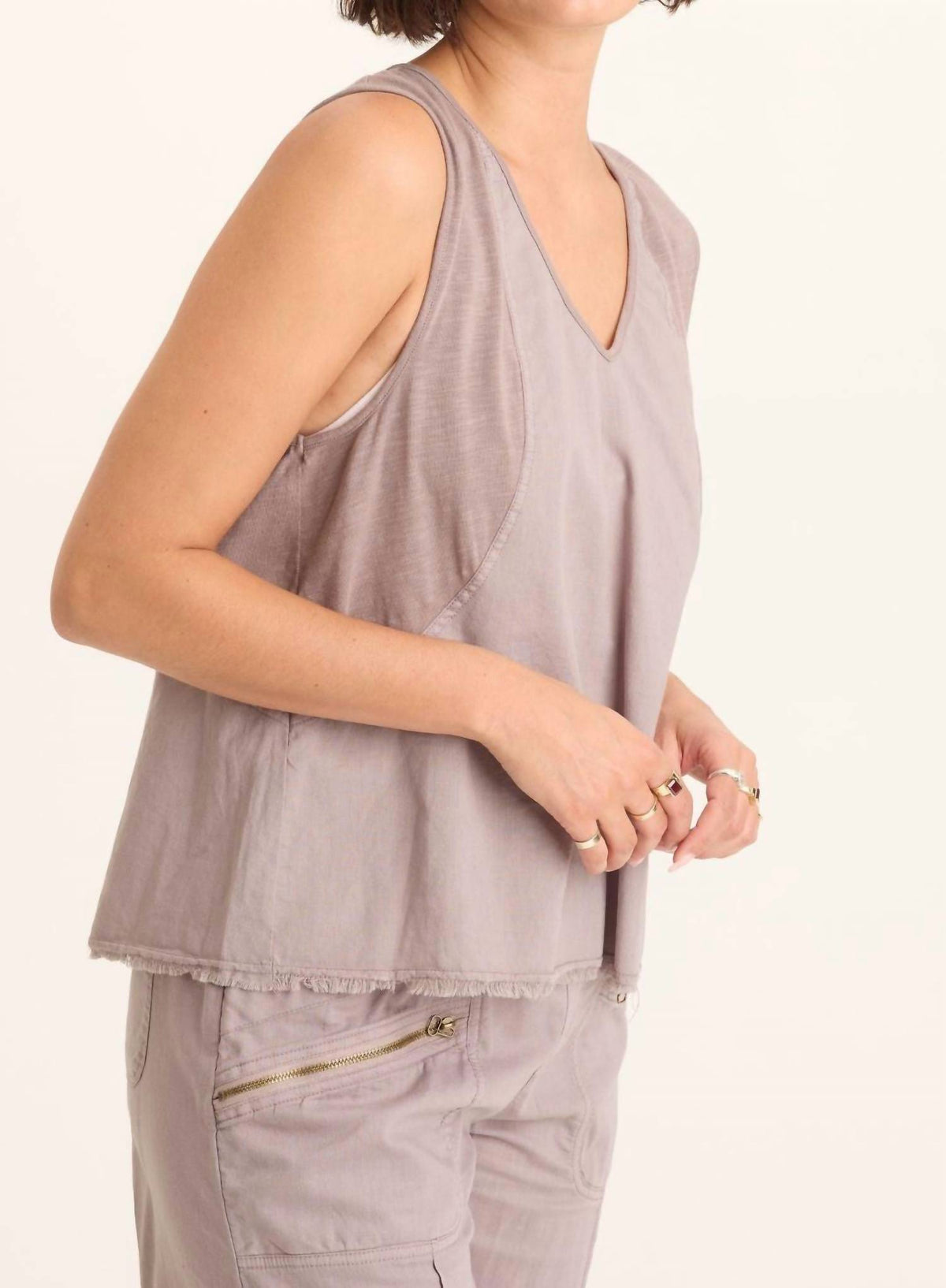 Wearables Poppy Seed Mazie Linen Jersey V-neck Tank Top in subtle brown grey - women's tank top - detail view