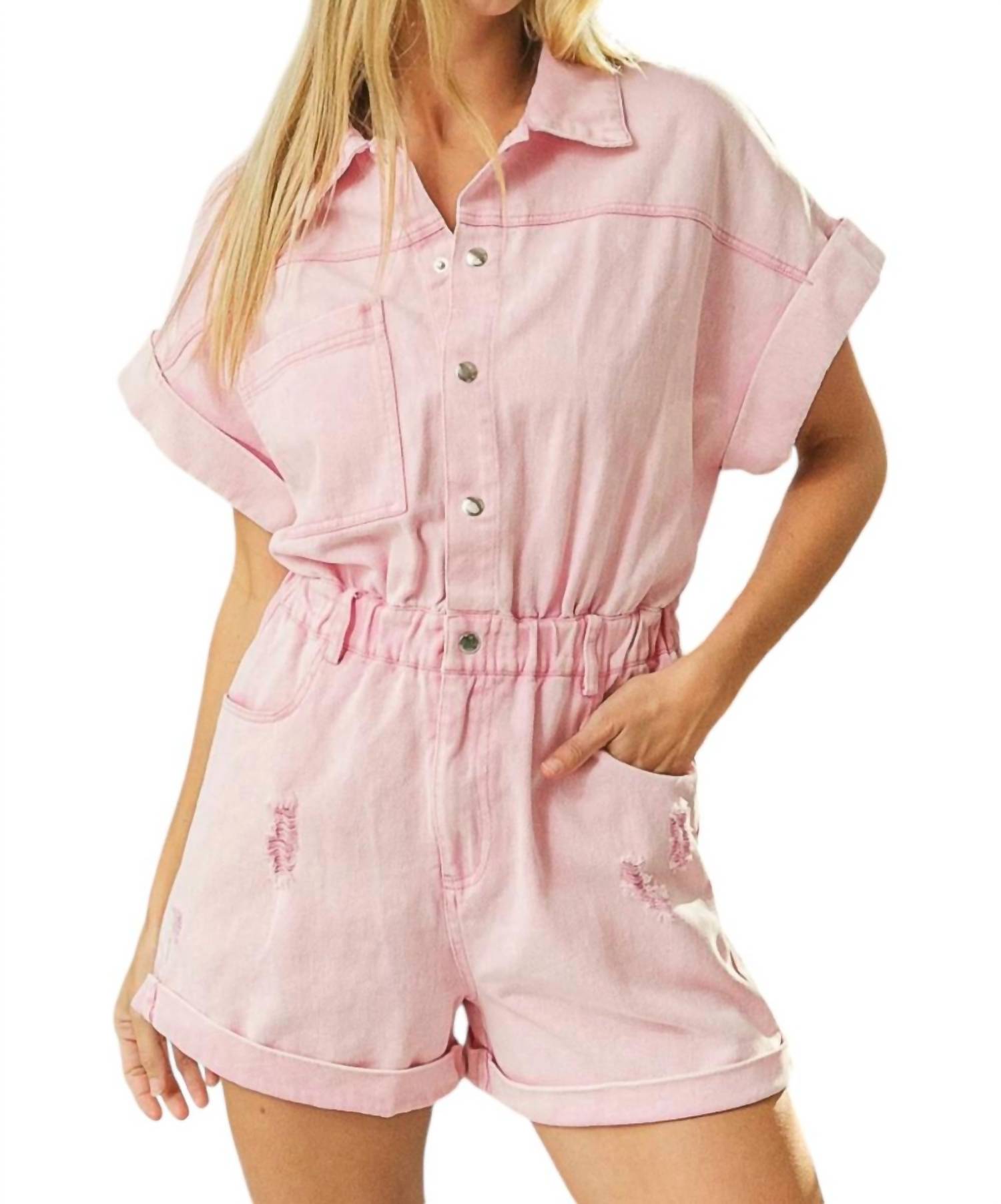 BiBi Vintage Washed Distressed Romper in light pink - women's pants