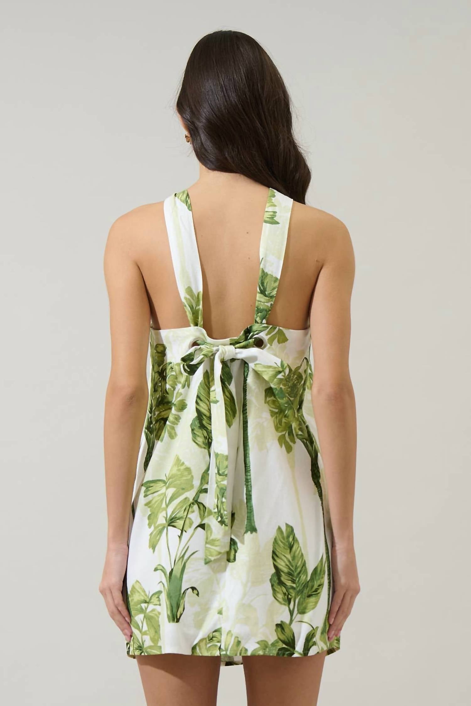 SUGARLIPS Palms Tropical Halter Mini Dress in cream green - women's dress - alternate view