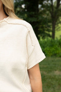 Miss Love Natural Tone Short Sleeve Knitted Top in beige - women's t-shirt - alternate view