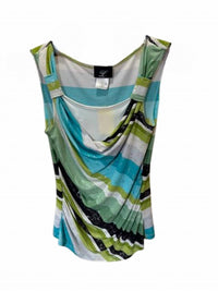 LIBRA Women Stripe Cowl Neck Layered Tank in turquoise green black white - women's tank top