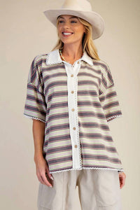 Easel - Stripe Knit Button Down Top
