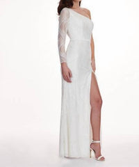 Rachel Allan - Asymmetrical Neck One Shoulder Long Sleeved Slit Evening Gown