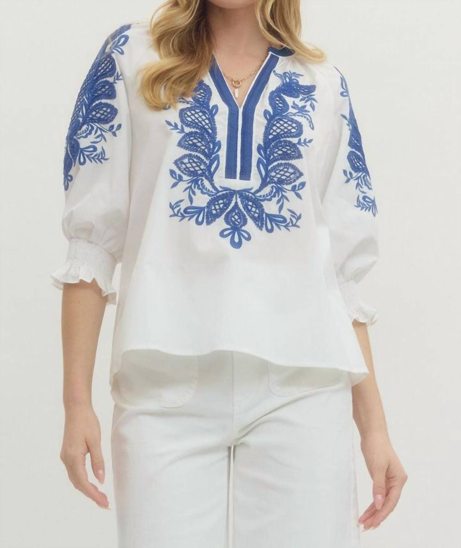 Entro - Embroidered 3/4 Sleeve Top
