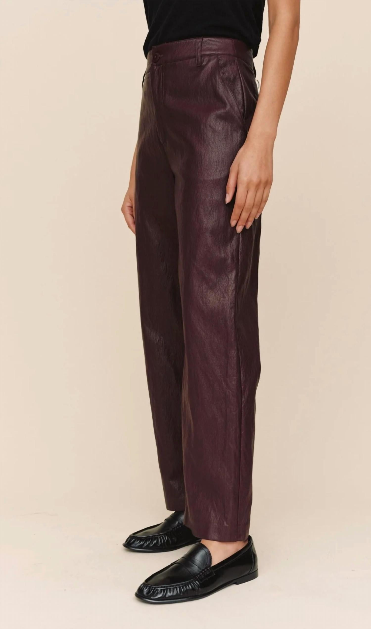 Bella Dahl Faux Leather Pants in crimson embers - women's pants - detail view