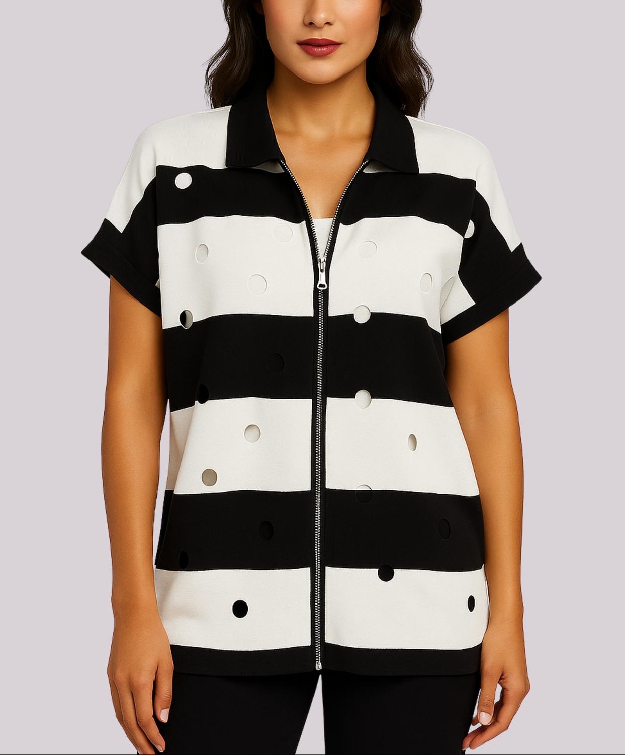 Angel Apparel - Stripe & Cut Out Knit Zip Up Top