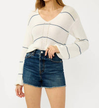 LOVESTITCH V-Neck Fuzzy Stripe Sweater in cream navy - women's sweater