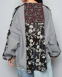 POL Mixed Texture Patchwork Button Up Top in black - women's shirt - alternate view