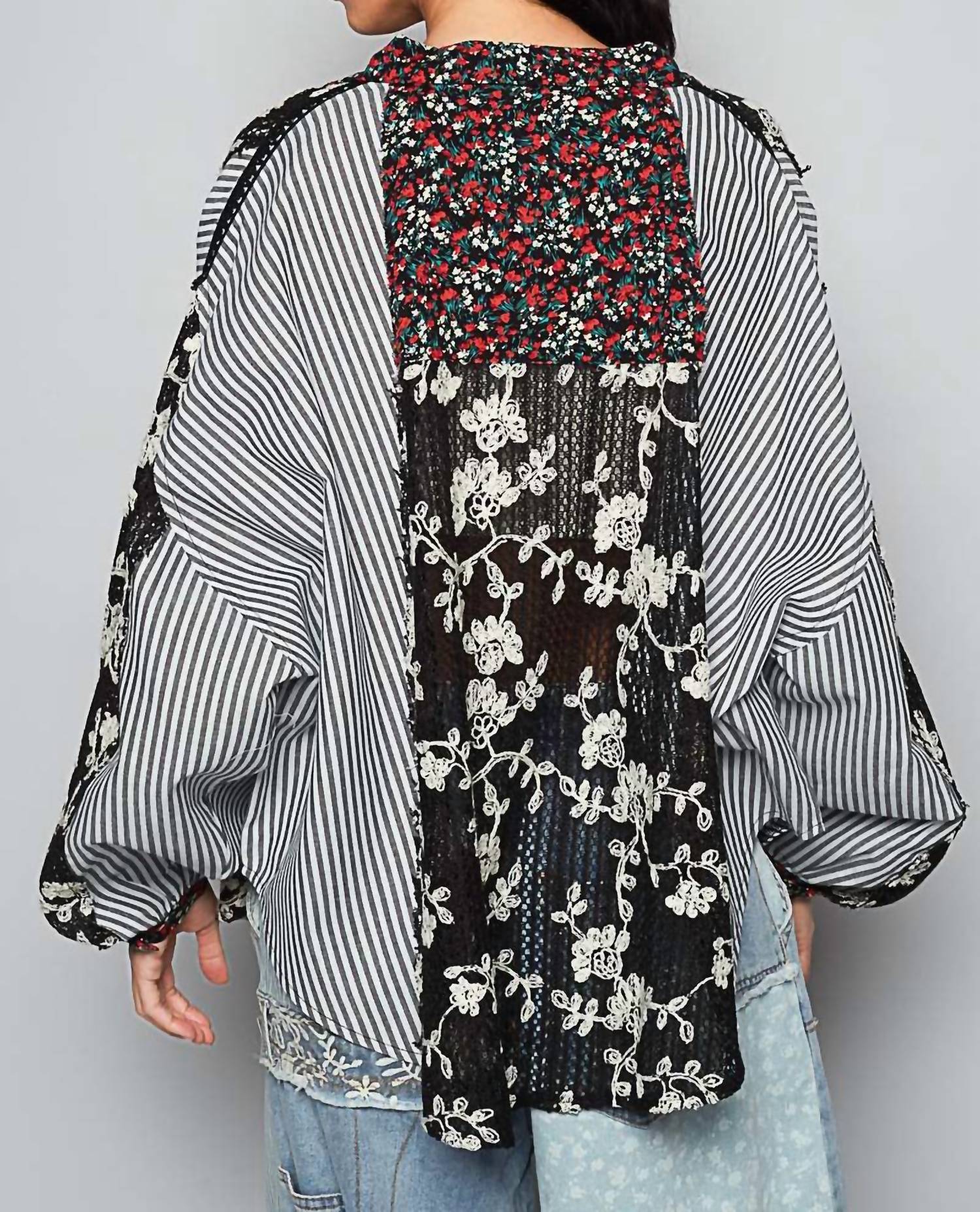 POL Mixed Texture Patchwork Button Up Top in black - women's shirt - alternate view