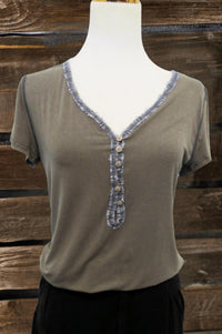 Pol - Women's Lace Trim Button Up Short Sleeve Top