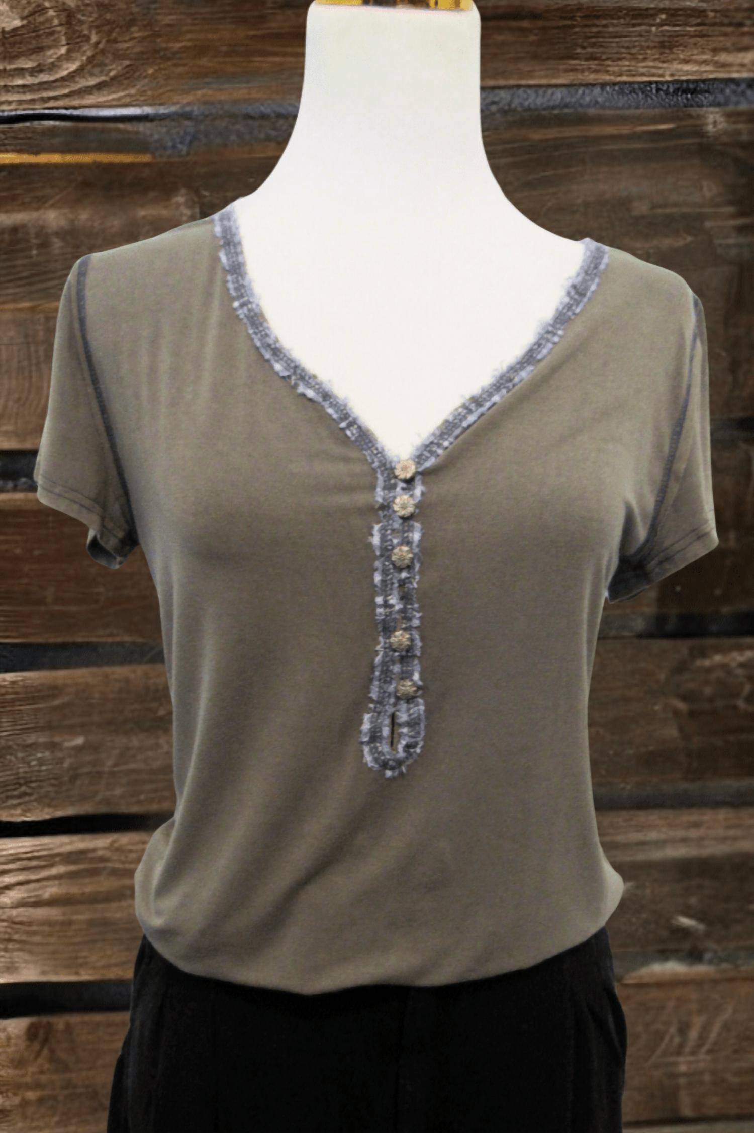 Pol - Women's Lace Trim Button Up Short Sleeve Top