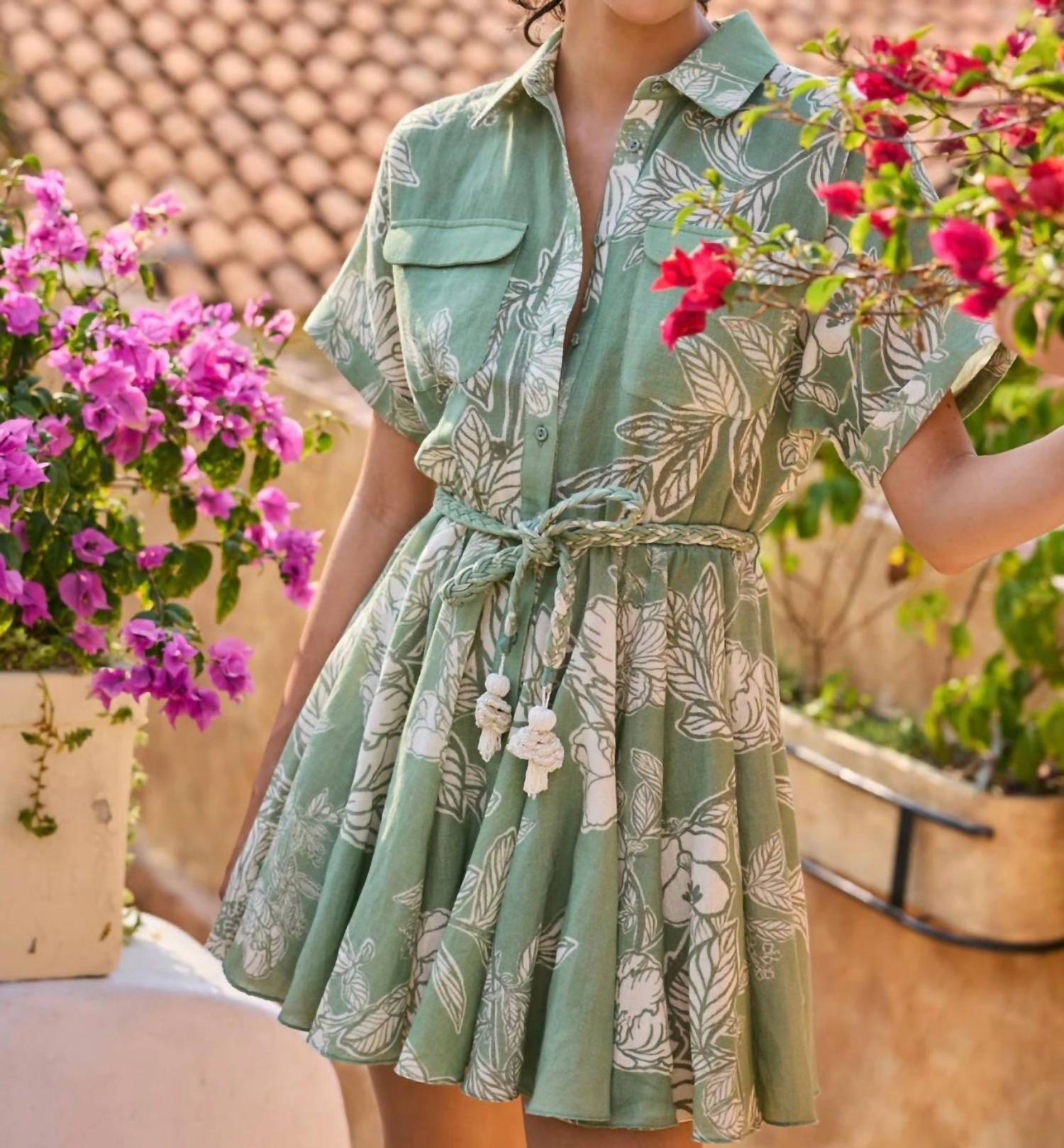 HEMANT & NANDITA Short Dress With Tie Up Belt in green - women's dress