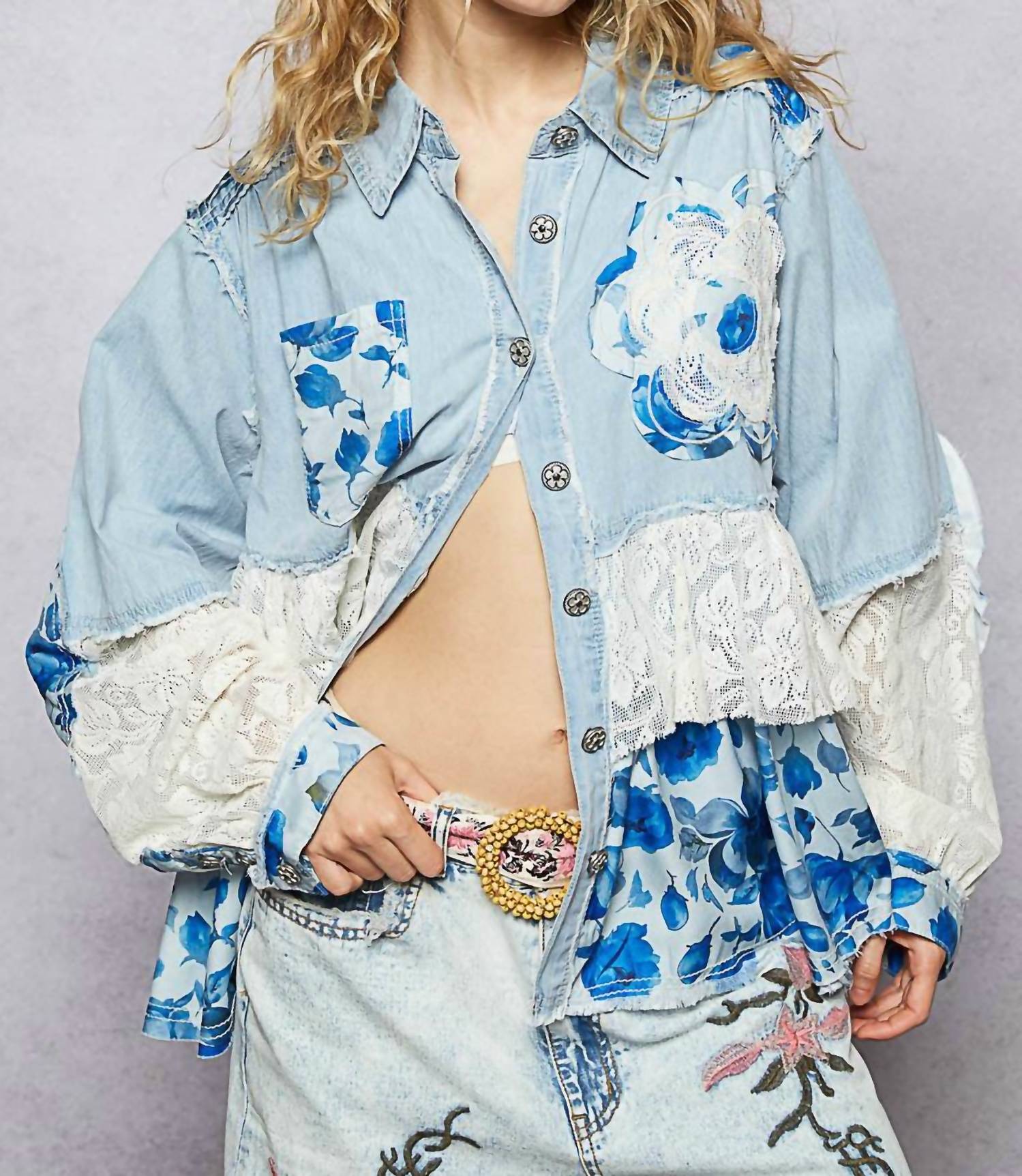 Pol - Patchwork Denim Shirt With Lace Trim Details