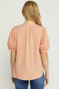entro Textured Cotton Gauze Top in peach - women's shirt - detail view