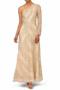 Aidan Mattox - Beaded One Shoulder Long Sleeve A-line Gown