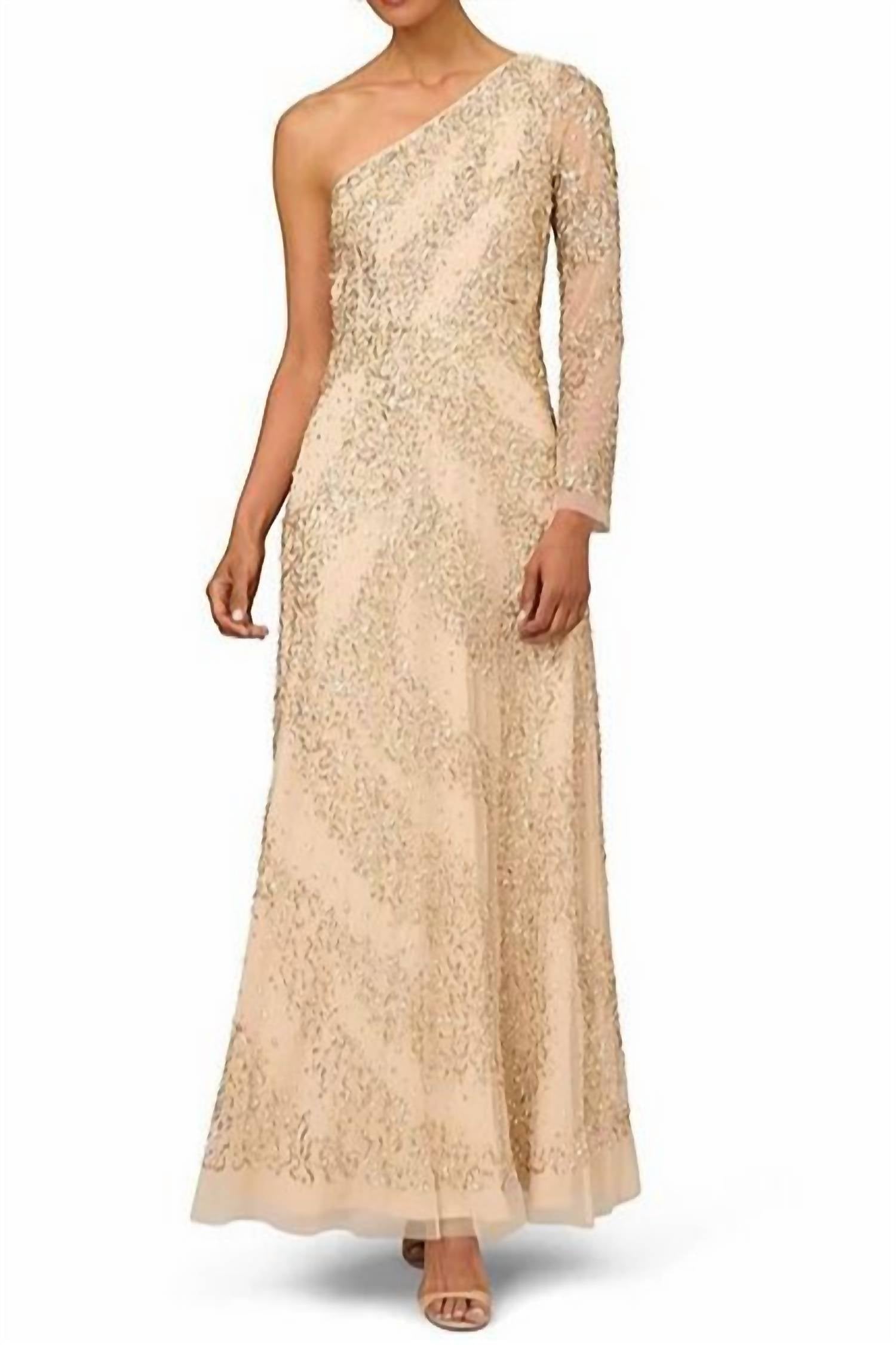 Aidan Mattox - Beaded One Shoulder Long Sleeve A-line Gown