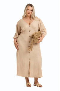 Fashion Szn Curve - Balloon Sleeve Button Front Midi Dress - Plus