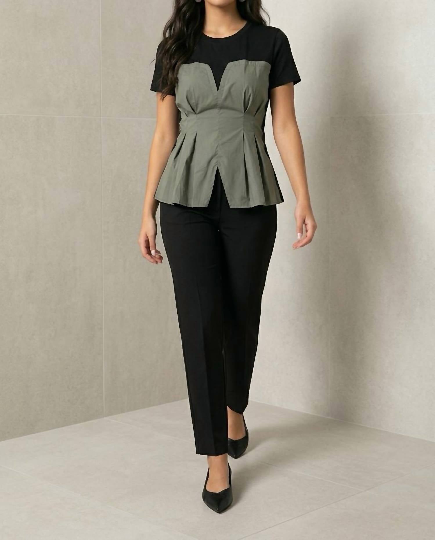 GRACIA Short Sleeves Pull-On Top in black green - women's blouse