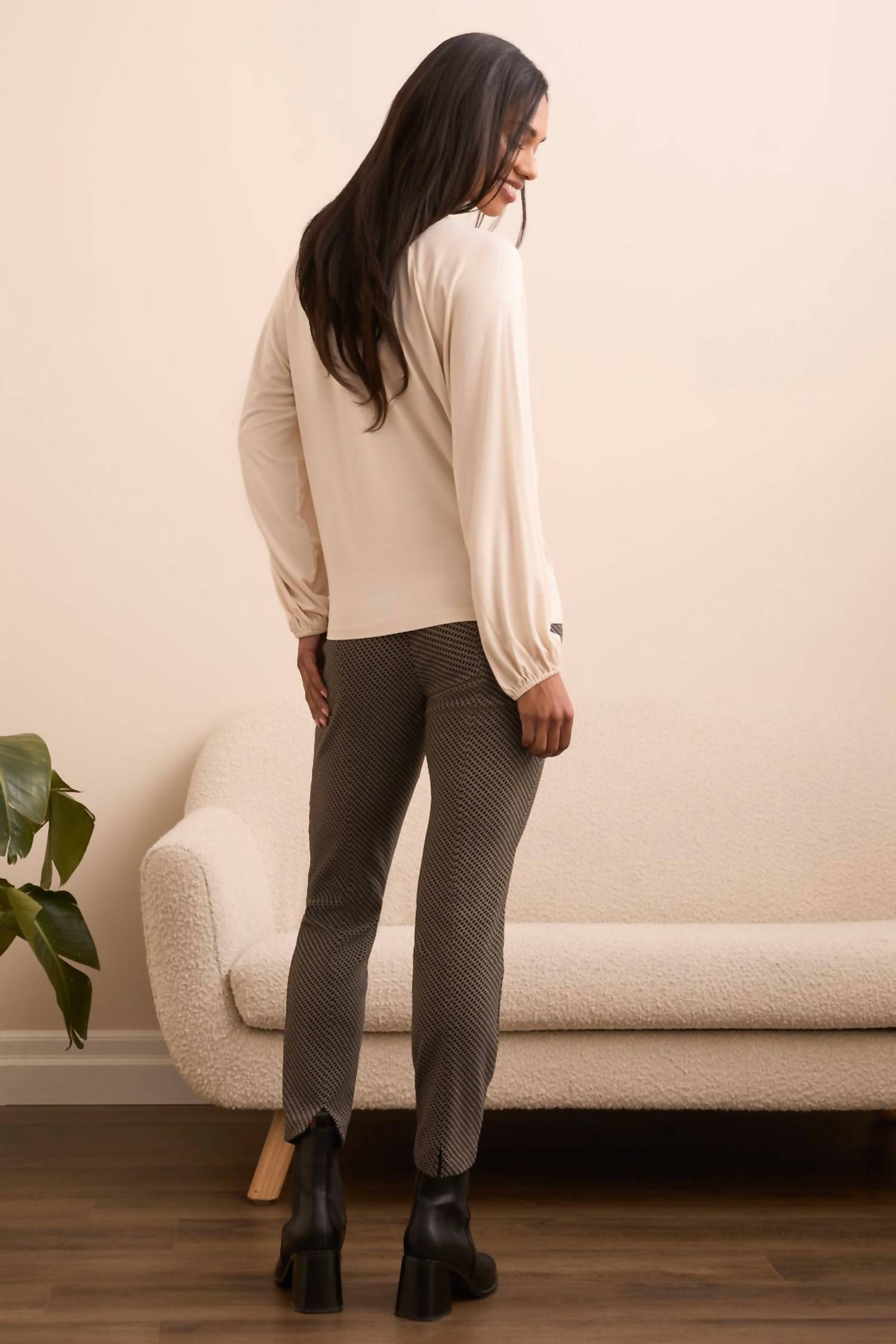 Tribal - Pleat-accent Long-sleeve V-neck Top