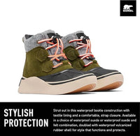 SOREL Youth Out N About Iv Classic Waterproof Boot in utility green black - kids' shoe - detail view