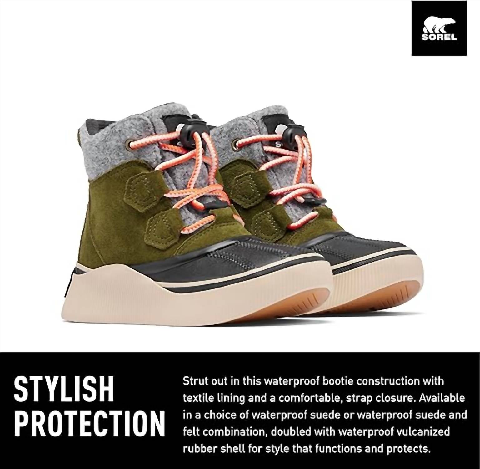 SOREL Youth Out N About Iv Classic Waterproof Boot in utility green black - kids' shoe - detail view