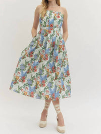 Entro - Floral Strapless Pleated Midi Dress