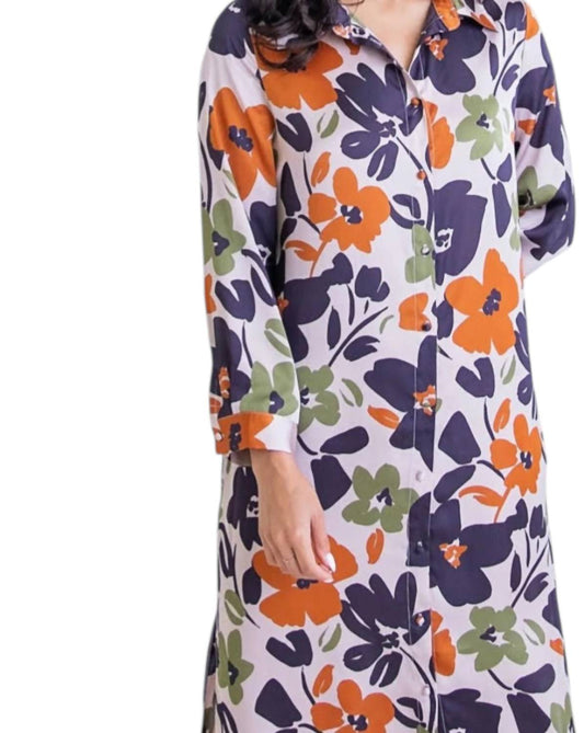Karlie - Floral Satin Pocket Shirt Midi Dress