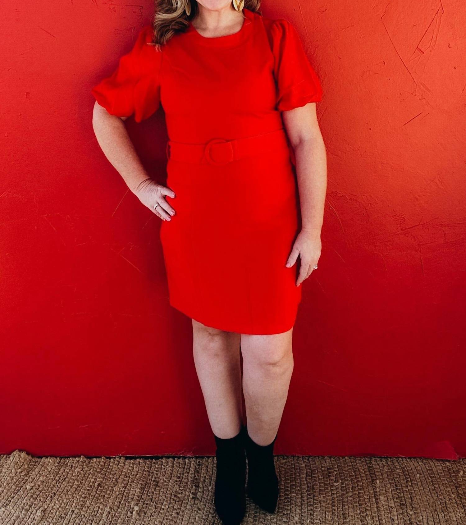 voy Dorothy Puff Sleeve Princess Line Sheath Dress in red - women's dress - detail view