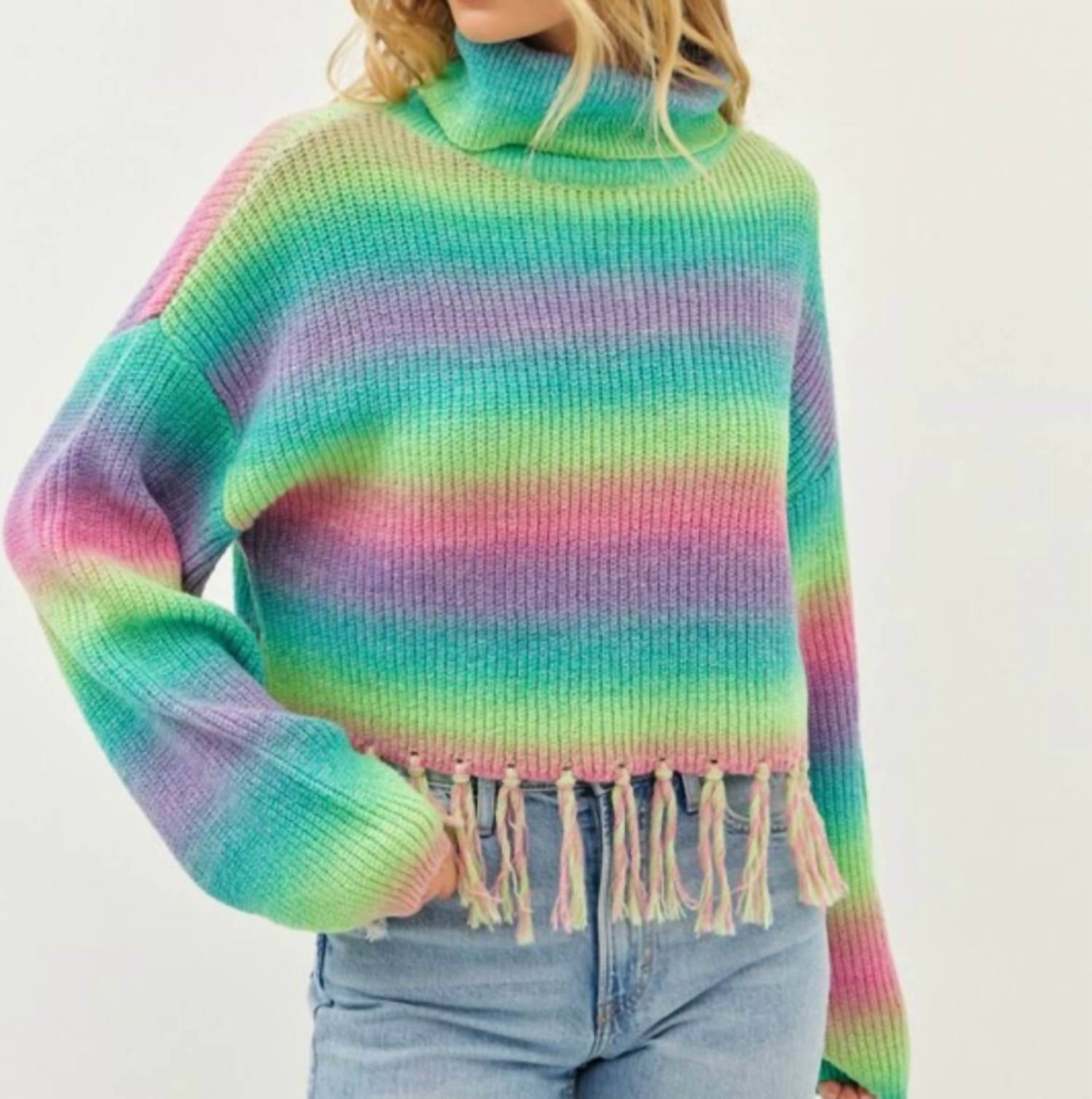 Idem Ditto - Addie Colorful Striped Sweater With Fringe