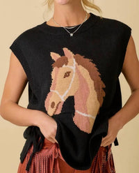 Mainstrip - Western Horse Sleeveless Sweater Knit Top