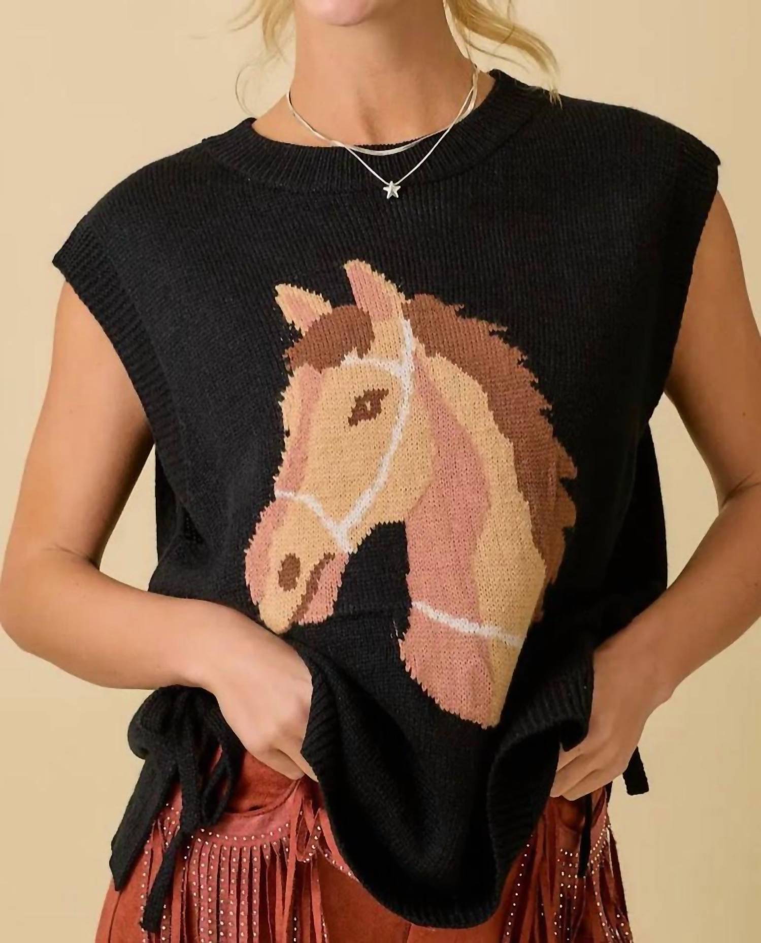 Mainstrip - Western Horse Sleeveless Sweater Knit Top