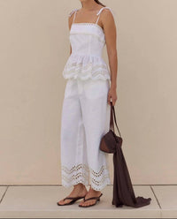 English Factory - Eyelet Trim Linen Wide Leg Pants